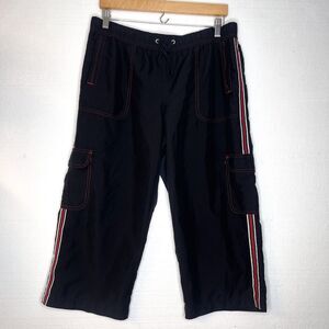 SBJ Active Black Cargo Capri Pants Red Racing Stripe Elastic Waist large